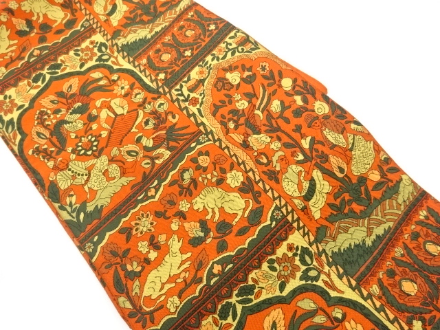 人物に動物・花々模様織出し名古屋帯